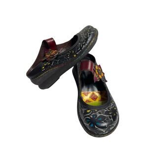 SOCOFY Black Leather Flower Art Design Clog Shoe Size 38 Womens Rainbow Colorful